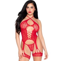 Leg Avenue - 89338 Set Body Abierto Con Liguero + Tanga De Encaje Rojo - Talla Única de Leg Avenue Bodystockings | Piumer