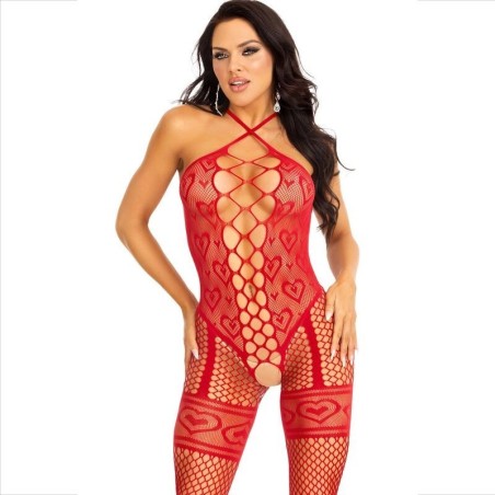 Leg Avenue - Bodystocking Cuello Halter Red Corazones Rojo de Leg Avenue Bodystockings | Piumer